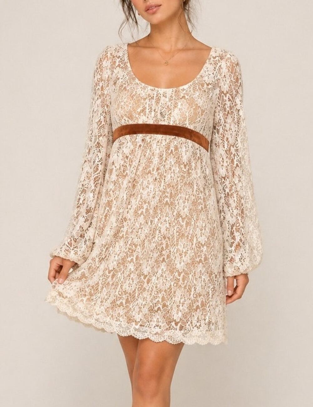 Laundry Coquette Babydoll Lace Dress Size 12 Cream Brown Cottage Boho Ren Faire